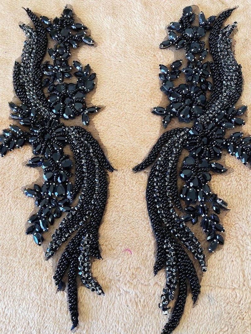 wtbvn Handmade Rhinestones lace Applique handsewing Beads Trim Patches for Dress Clothing Accessories 35X12cm 1Pair/Bag - Image 2